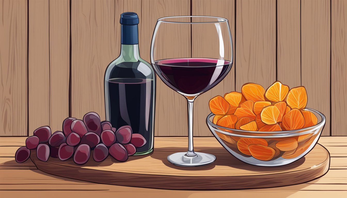 A glass of red wine next to a bowl of assorted dried fruits on a wooden table