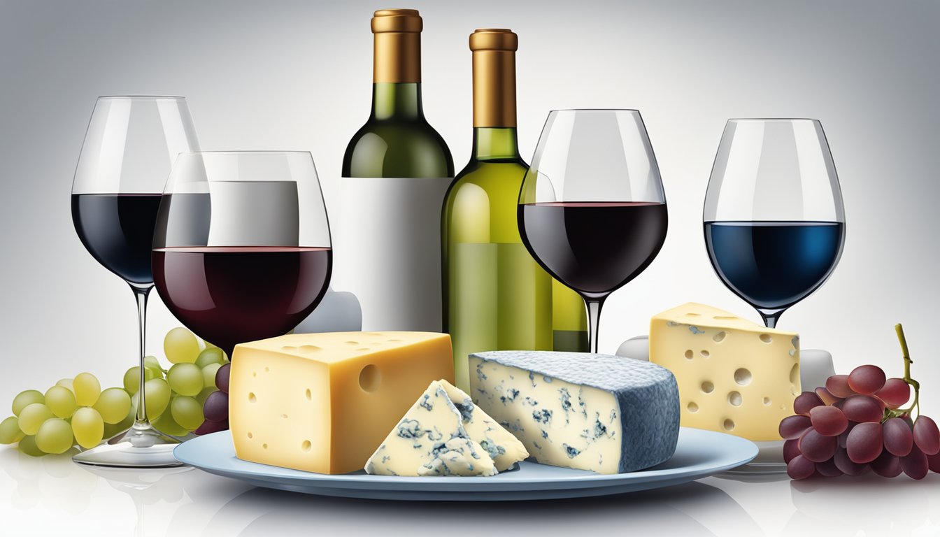 A spread of soft and blue cheeses with accompanying glasses of white and red wine