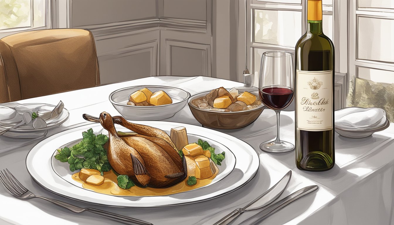 A bottle of dessert wine next to a roasted duck on a dining table