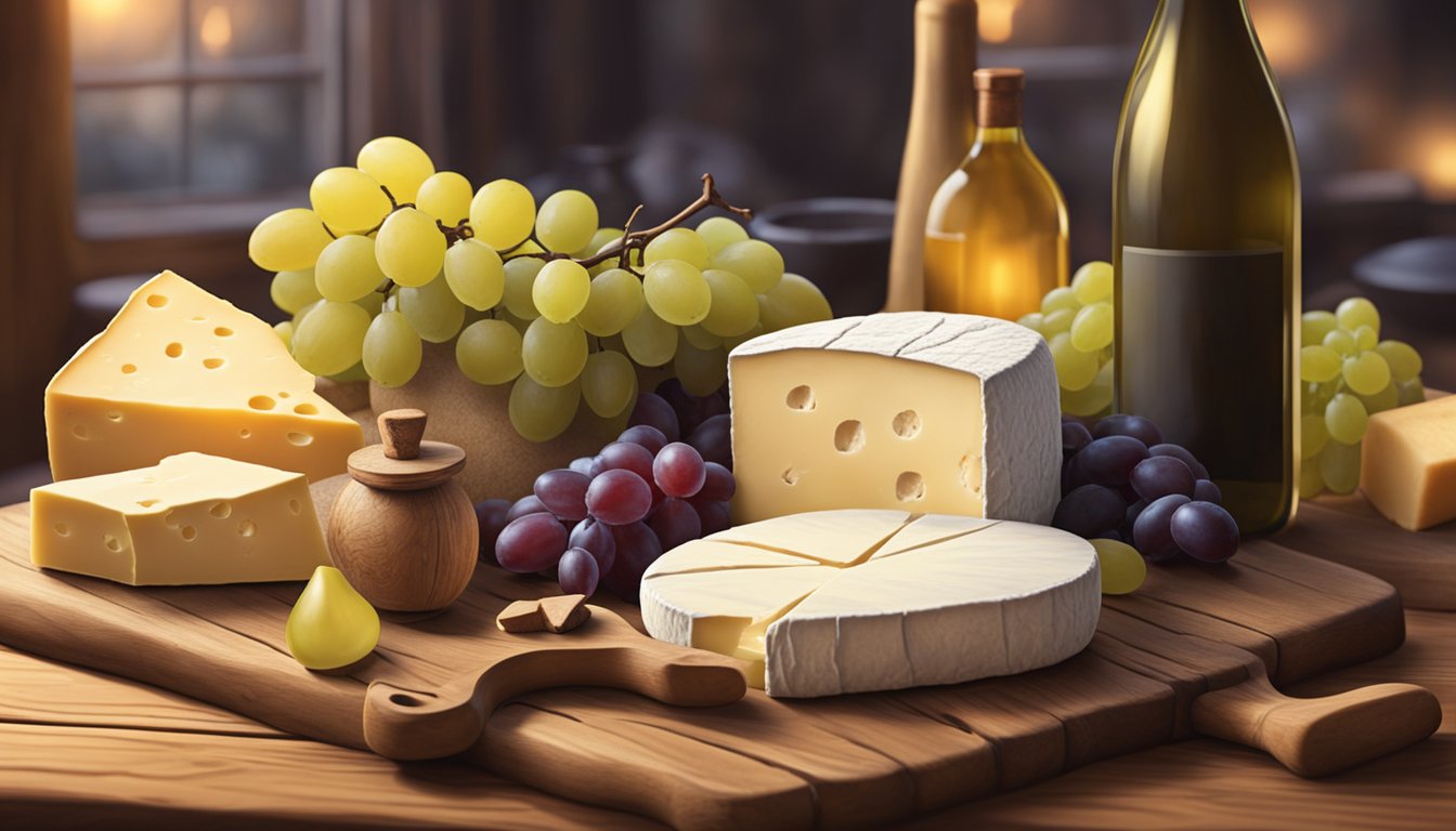 A rustic wooden table with a variety of fresh cheeses, grapes, and a bottle of wine. The setting is warm and inviting, with soft lighting and a cozy atmosphere