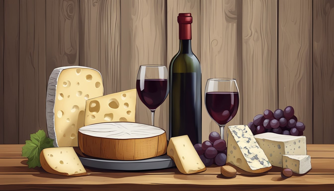 A bottle of red wine beside a platter of assorted fresh cheeses on a rustic wooden table