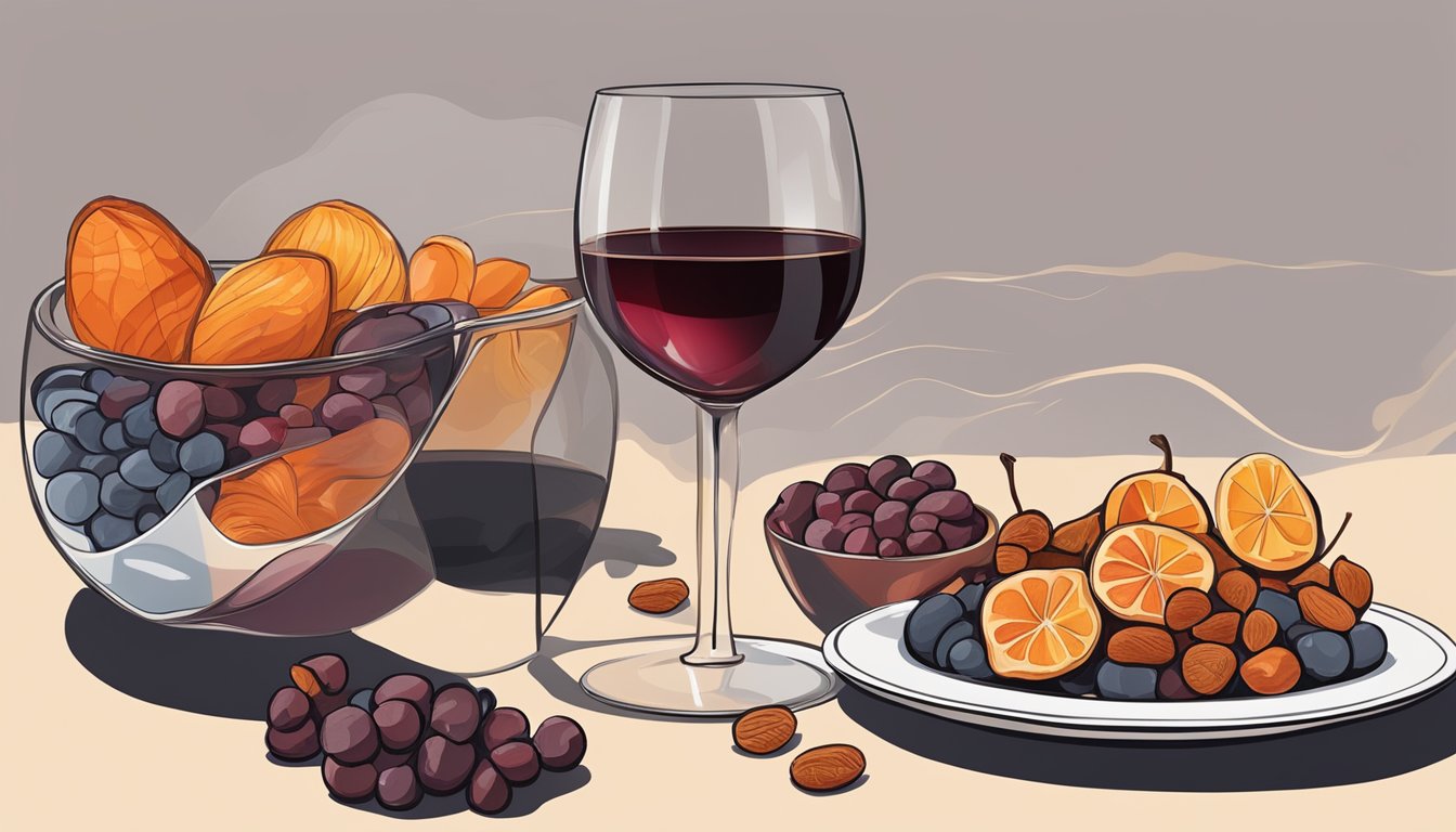 A glass of red wine next to a bowl of assorted dried fruits, with the aromas of the fruits and wine blending together in the air