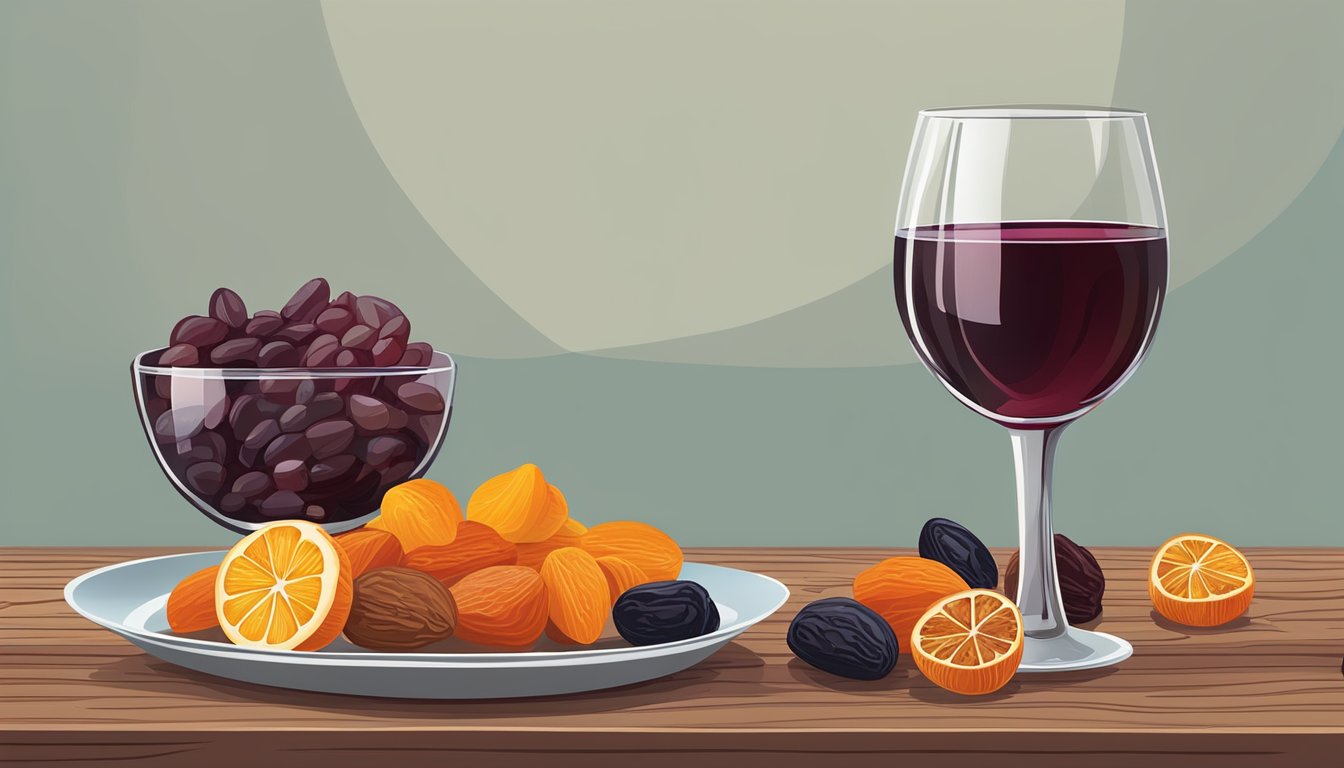 A glass of red wine next to a plate of assorted dried fruits on a wooden table