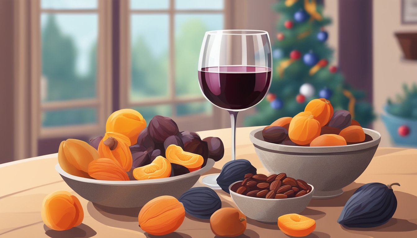 A glass of red wine sits next to a bowl of assorted dried fruits, including apricots, figs, and raisins, on a festive holiday table