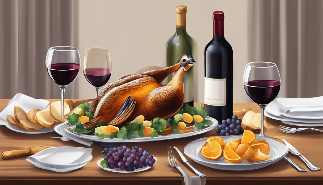 A table set with a roasted duck, a bottle of red wine, and various wine glasses