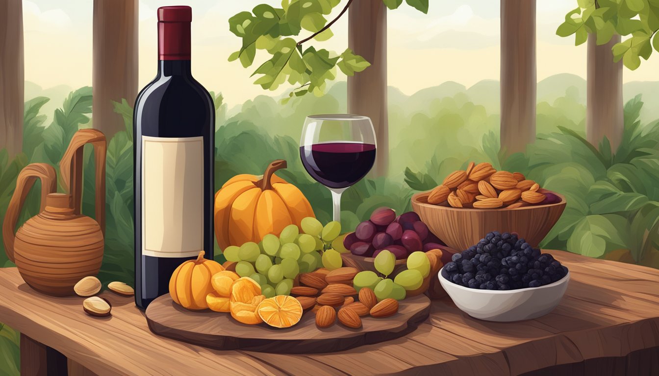 A rustic wooden table with an assortment of dried fruits, nuts, and a bottle of red wine, surrounded by lush greenery and warm, soft lighting