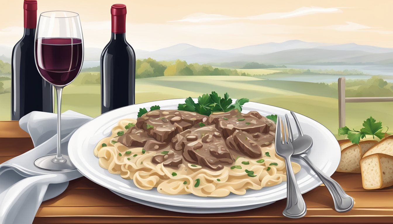 A table set with a steaming plate of beef stroganoff, alongside a bottle of red wine and two elegant wine glasses