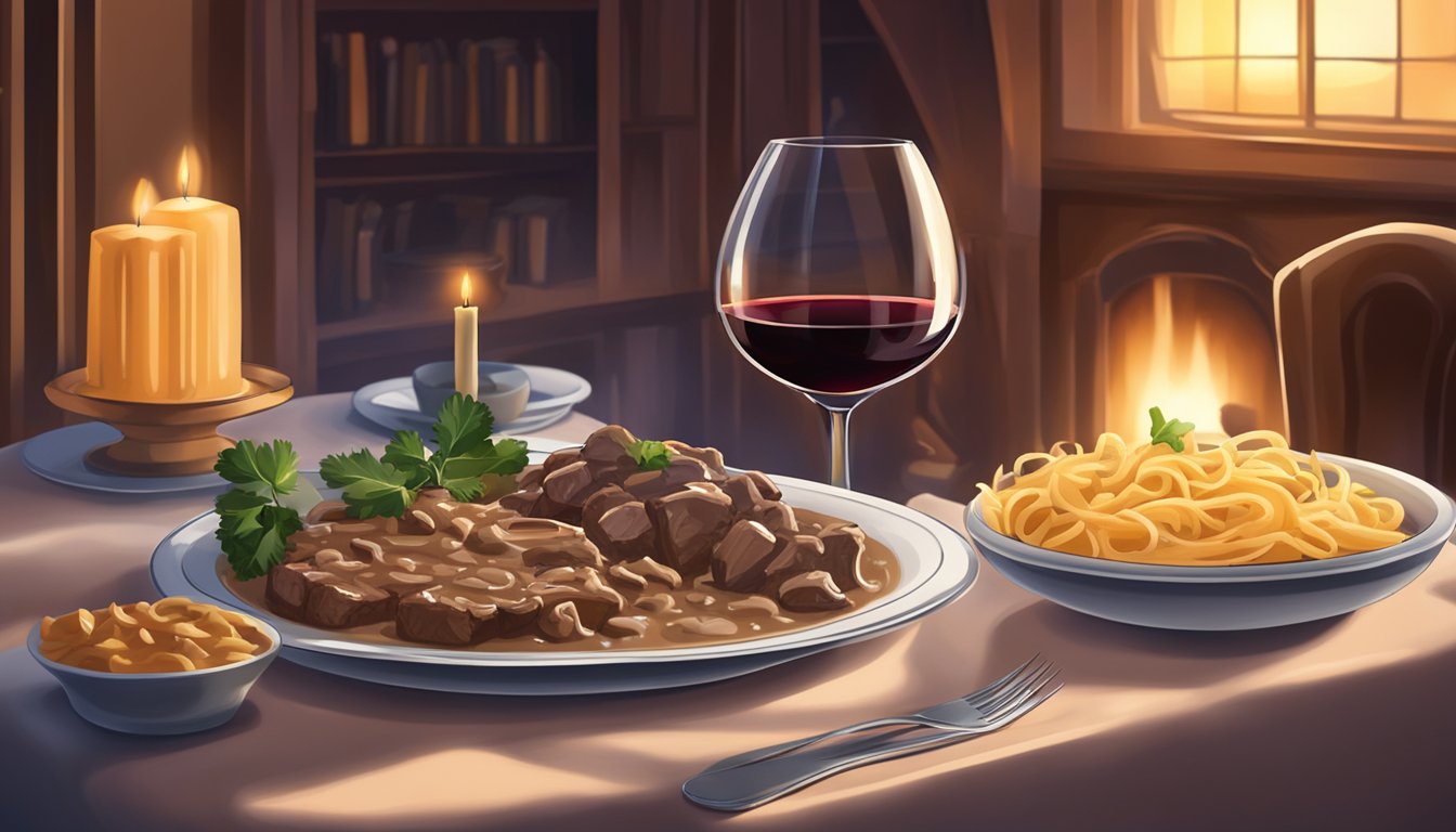 A rich glass of red wine sits beside a steaming plate of beef stroganoff, with a cozy candlelit dinner setting in the background