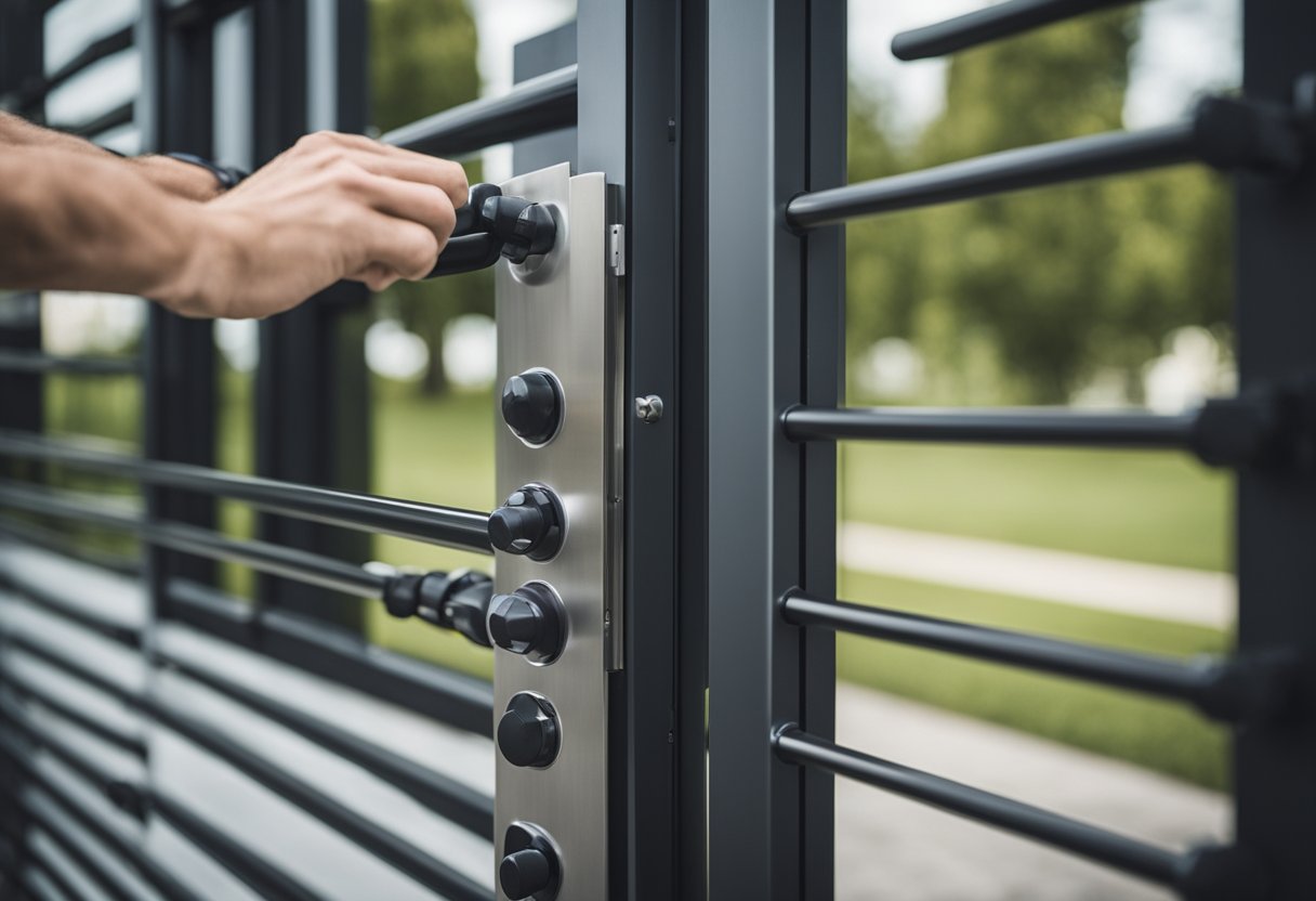 A person placing heavy-duty door barricades and security bars on exterior doors