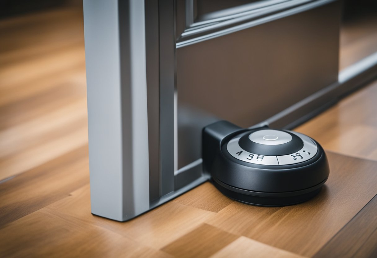 A door stopper alarm placed under a door, with a wedge-shaped design and a built-in alarm system, secures an exterior door without the need for reinforcement