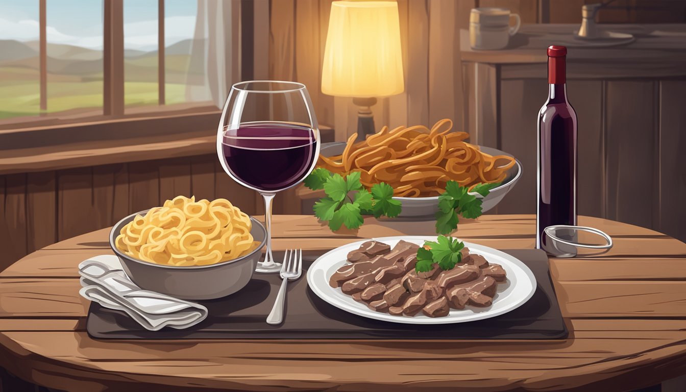 A glass of red wine next to a steaming plate of beef stroganoff on a rustic wooden table