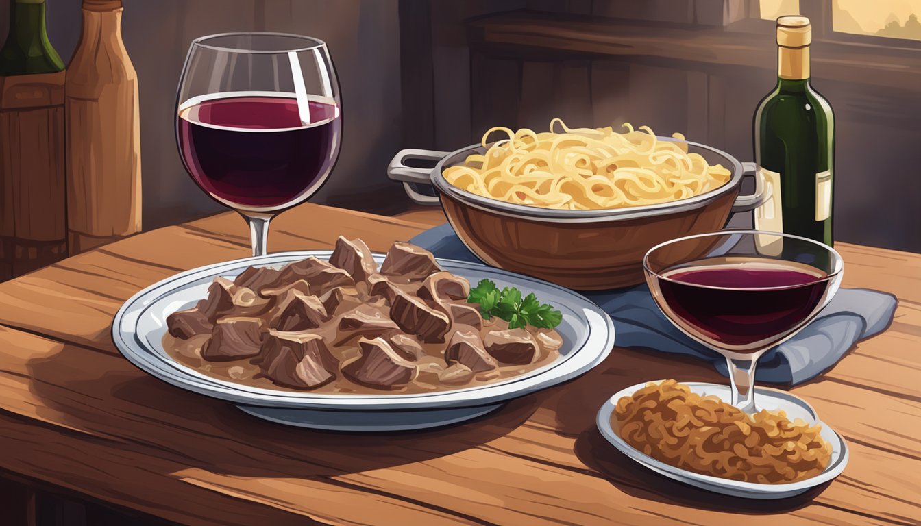 A steaming bowl of beef stroganoff sits on a rustic wooden table next to a bottle of non-alcoholic red wine and a glass filled with the deep red liquid