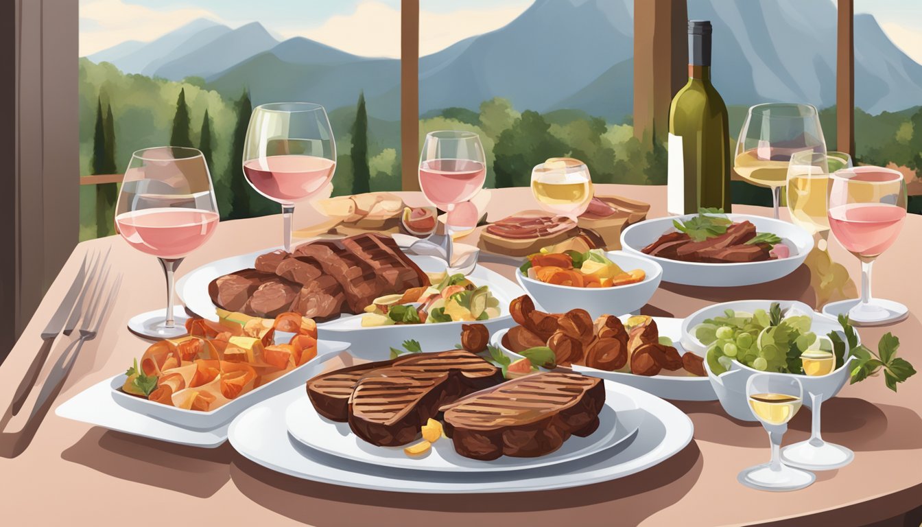 A table set with a variety of grilled meats, alongside glasses of white wine and rosé