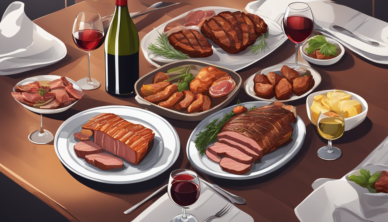 A table set with various types of barbecued meats, alongside glasses of red and white wine