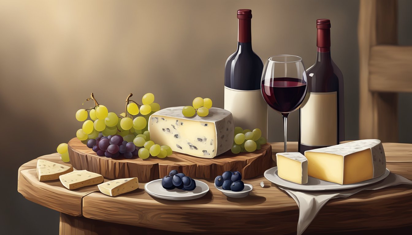 A rustic wooden table with a spread of sheep's milk cheeses, grapes, and a bottle of red wine