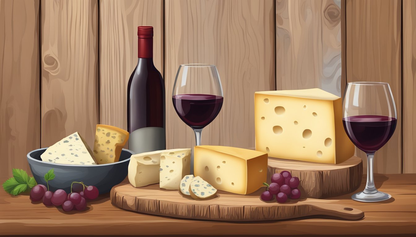 A rustic wooden table set with a variety of sheep's milk cheeses and a bottle of red wine