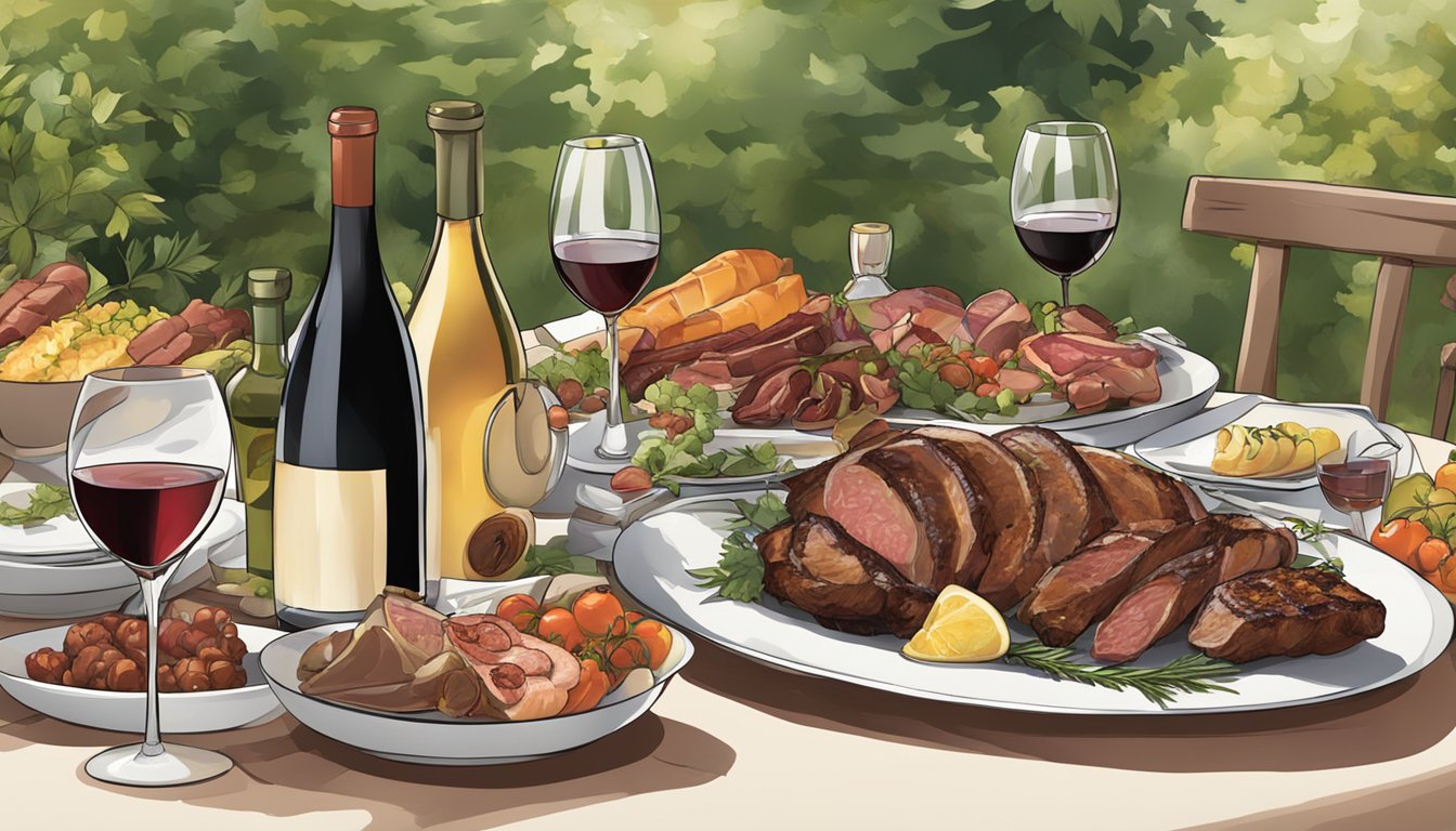 A table set with a variety of barbecued meats and a selection of different wines, surrounded by a warm and inviting outdoor setting with a hint of seasonal foliage