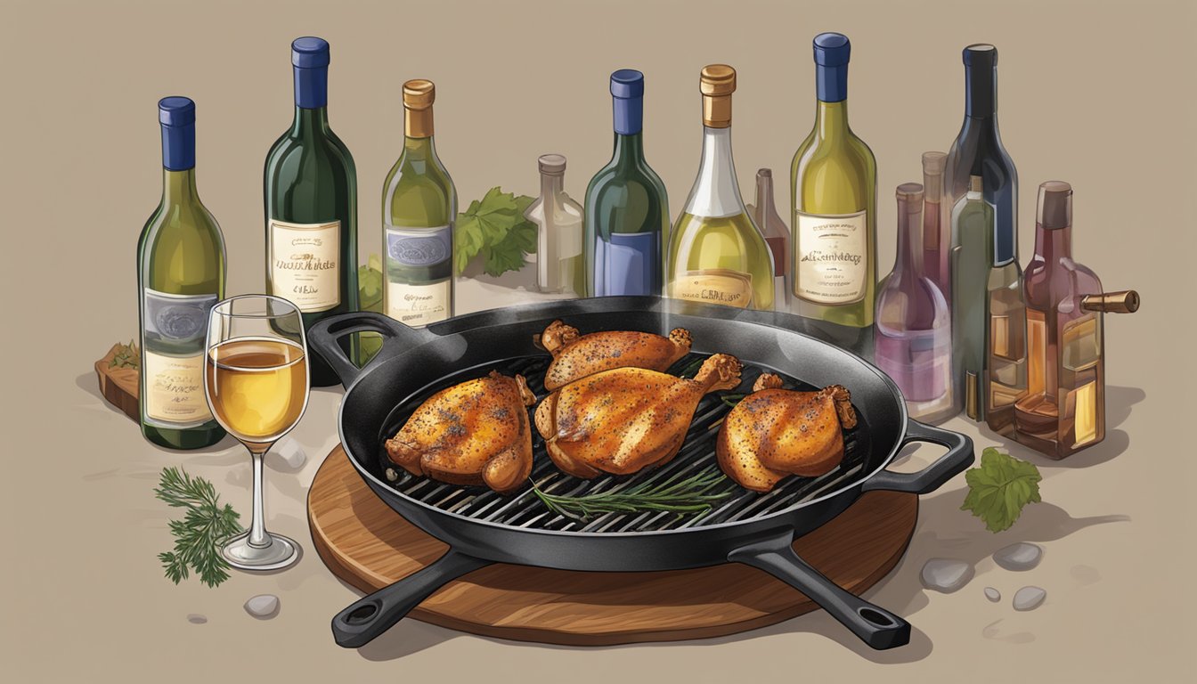 A sizzling skillet with seasoned chicken thighs cooking over an open flame, surrounded by various bottles of wine and a wine glass