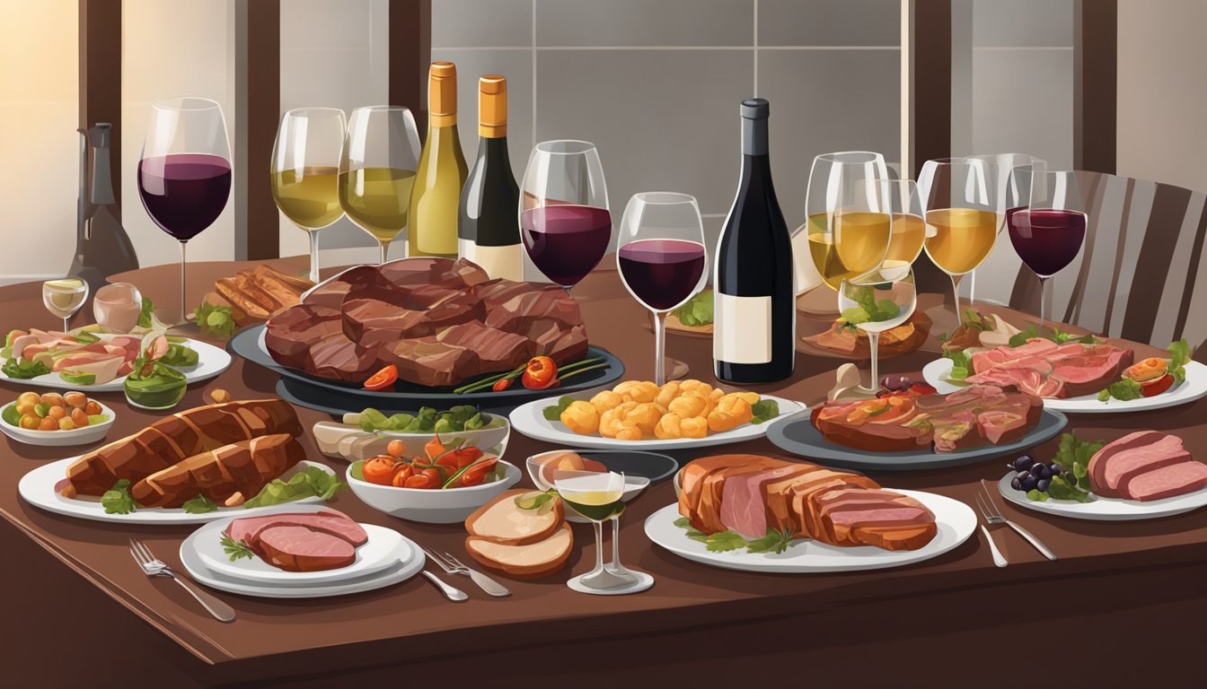 A table set with a variety of barbecued meats and an assortment of wine glasses filled with different types of wine