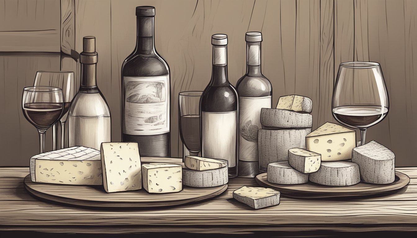 A rustic wooden table set with a variety of sheep's milk cheeses and a selection of wine bottles, with glasses ready to be poured