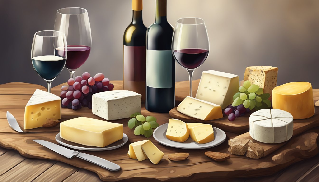 A rustic wooden table set with a variety of sheep's milk cheeses and an assortment of wine glasses filled with different wines