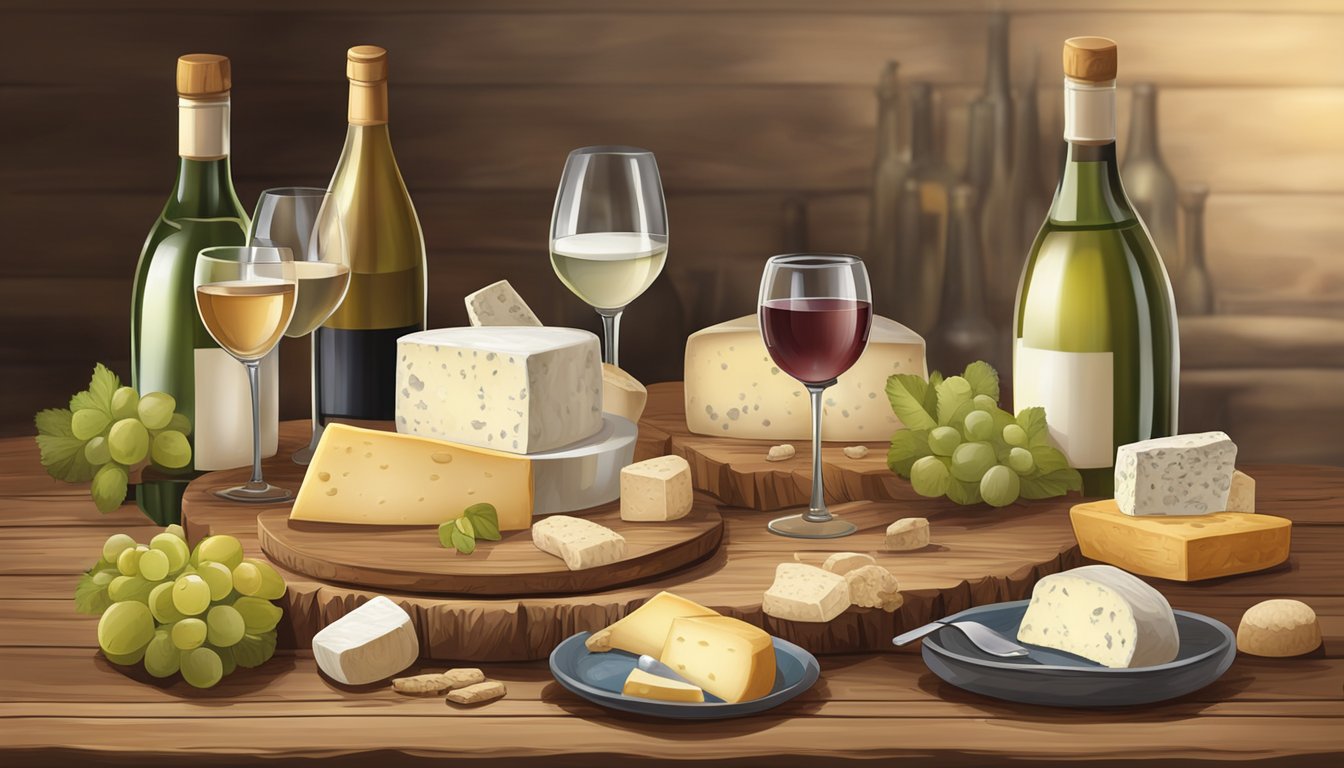 A rustic wooden table set with a variety of sheep's milk cheeses, accompanied by a selection of wine bottles and glasses