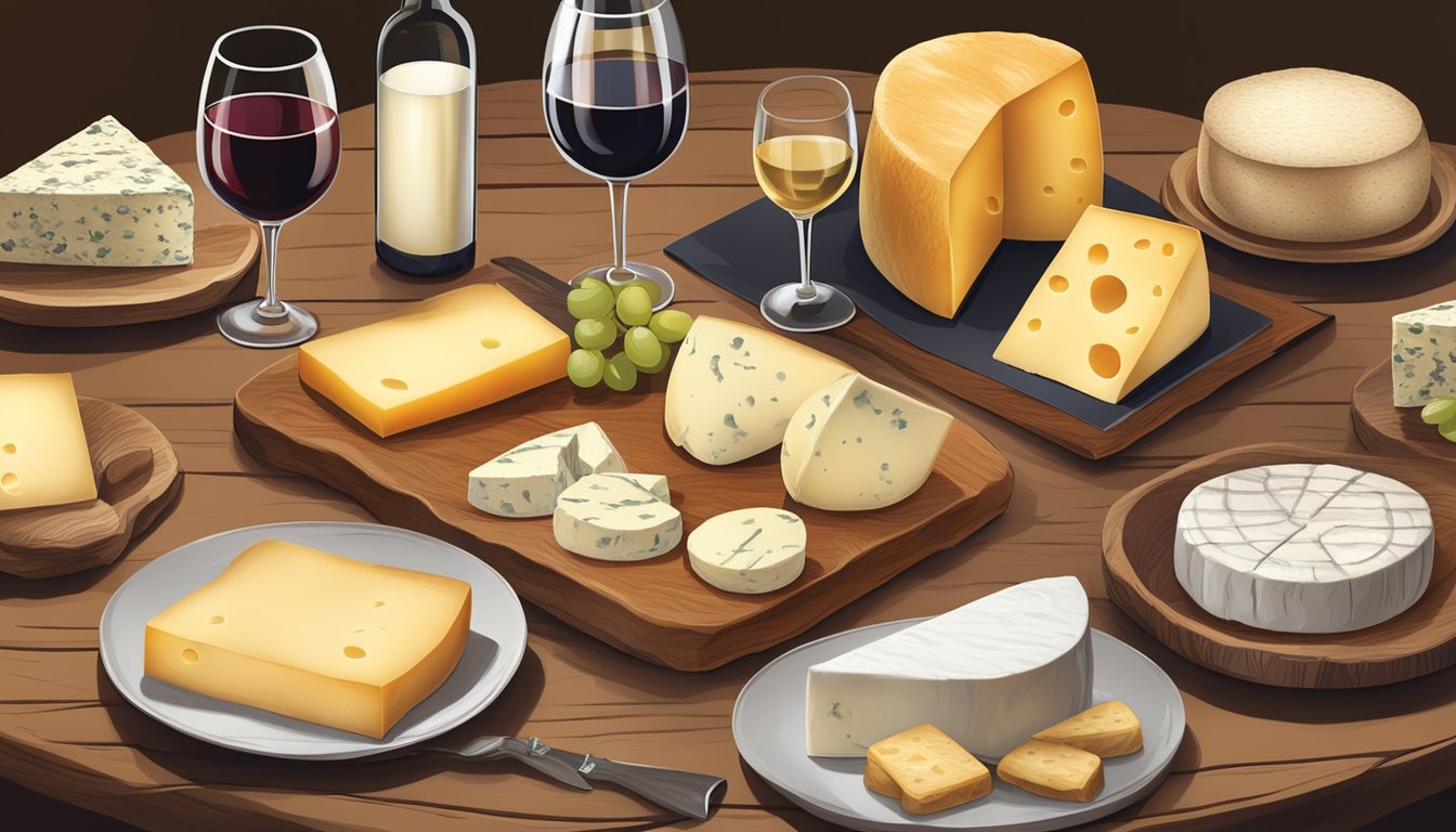 A rustic wooden table displays a variety of sheep's milk cheeses alongside a selection of red and white wines, with elegant wine glasses and cheese knives