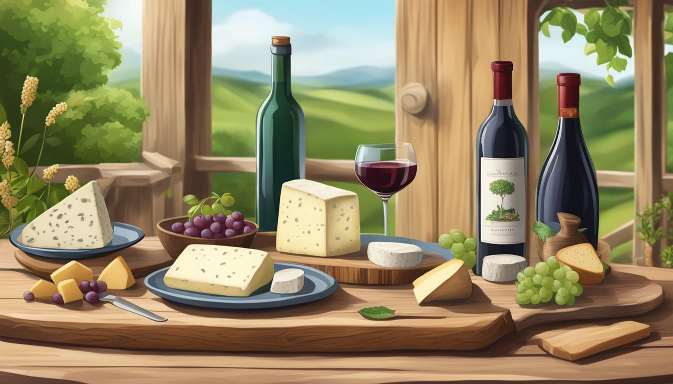 A rustic wooden table set with a variety of sheep's milk cheeses and a bottle of red wine, surrounded by lush greenery and ethically sourced decor