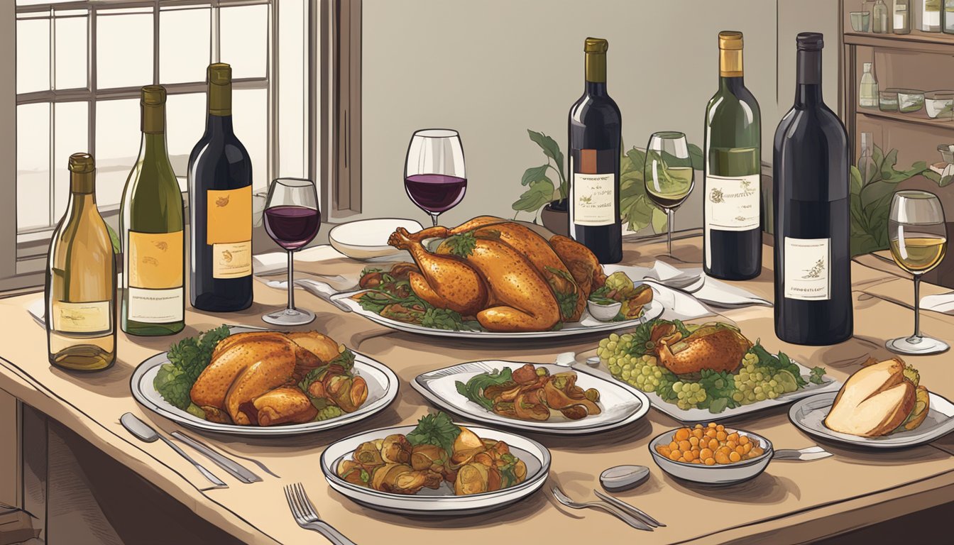 A table set with a platter of roasted chicken thighs surrounded by bottles of various alternative wine styles