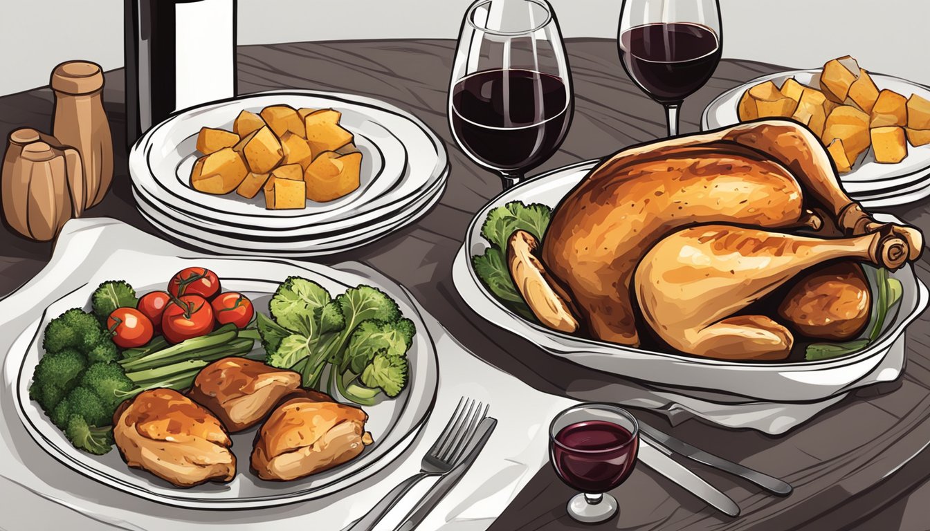 A table set with a roasted chicken thigh, side dishes, and a bottle of red wine