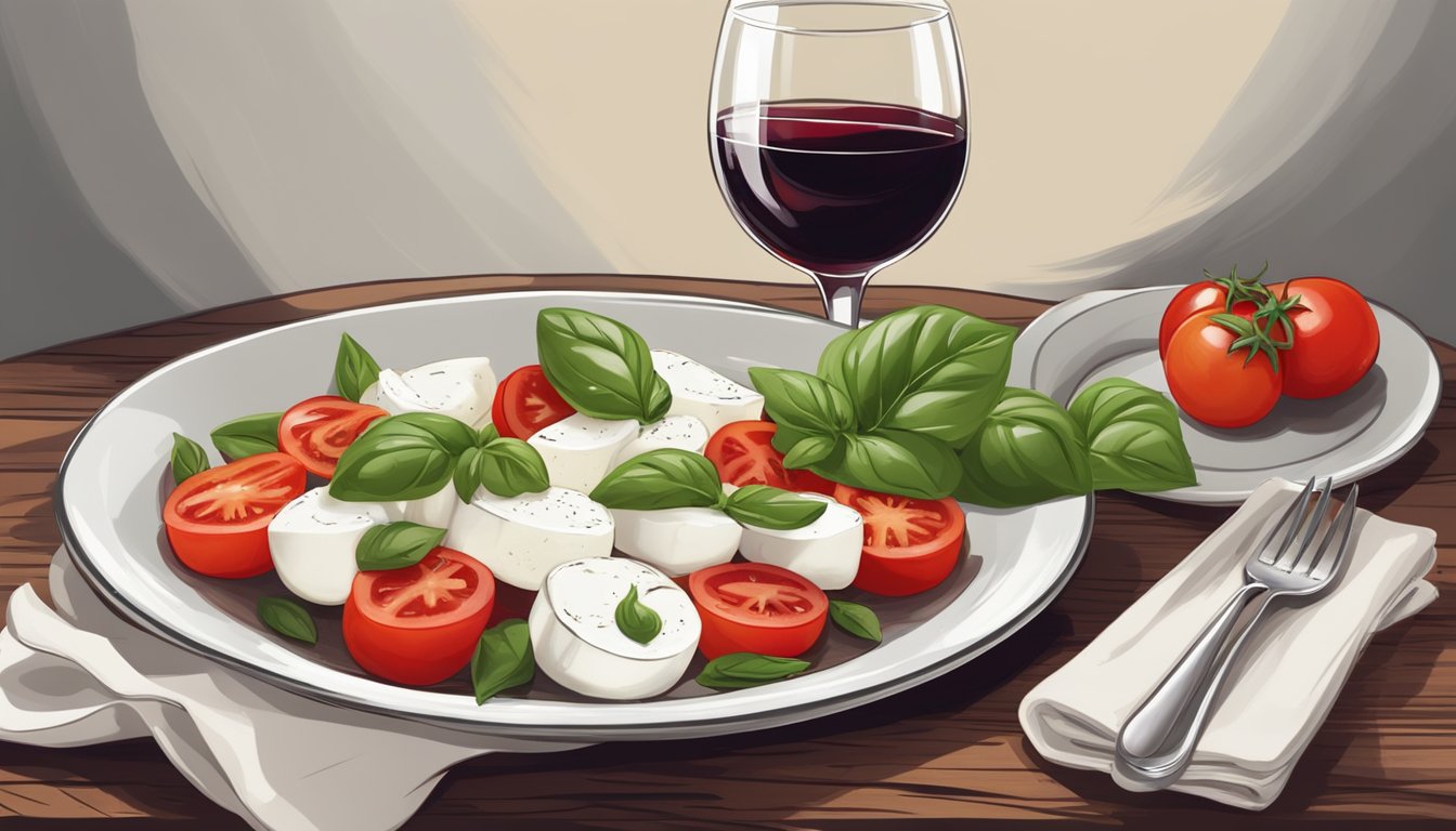 A plate of Caprese salad with tomatoes, mozzarella, and basil, paired with a glass of red wine on a rustic wooden table