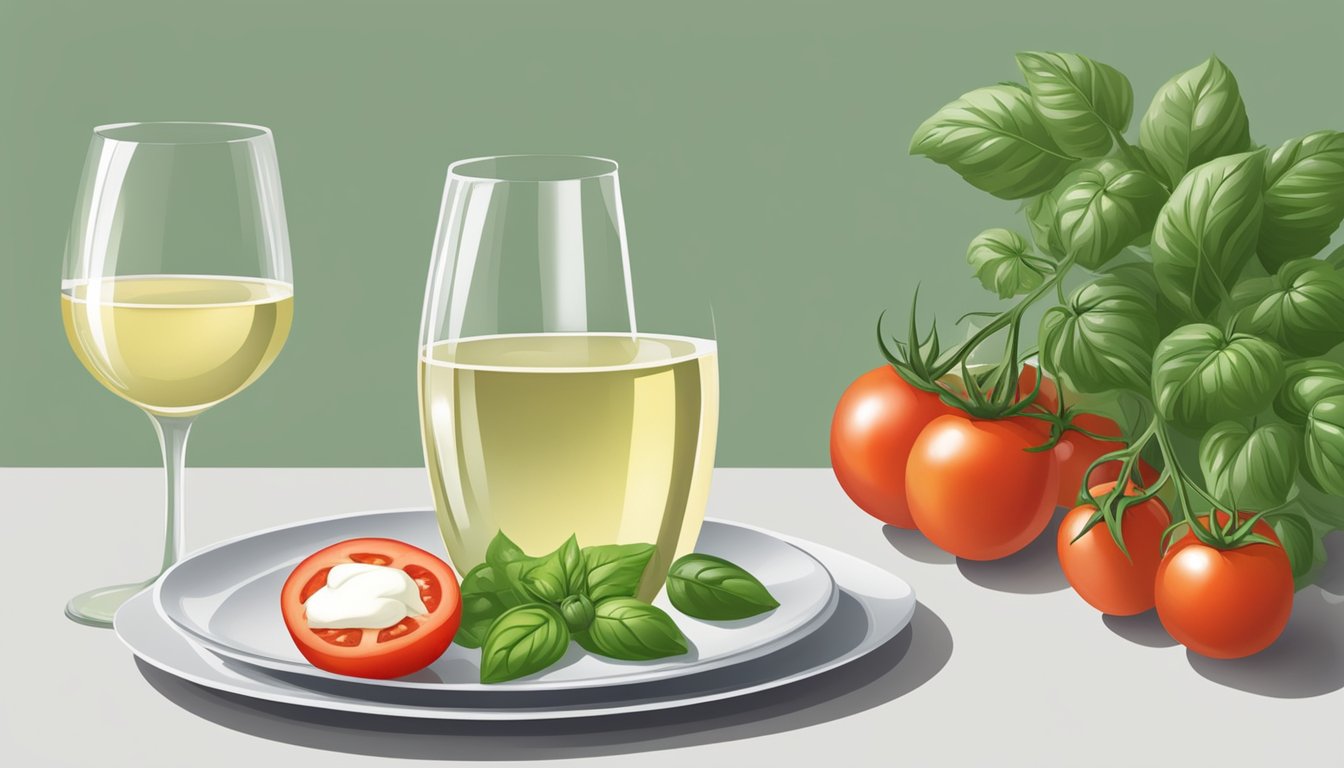 A glass of chilled white wine next to a plate of fresh tomatoes, mozzarella, and basil