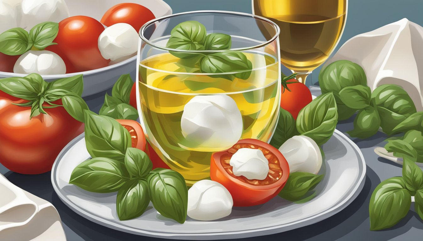 A colorful caprese salad with ripe tomatoes, fresh mozzarella, and fragrant basil is paired with a glass of crisp white wine, creating a refreshing and satisfying non-alcoholic combination