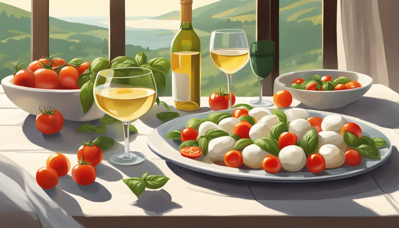 A table set with a classic caprese salad, fresh tomatoes, mozzarella, basil, and a bottle of white wine, all bathed in warm sunlight