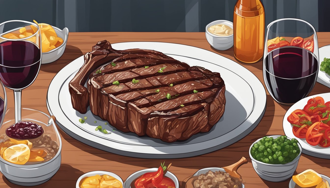 A juicy ribeye steak sizzling on a hot grill, surrounded by a spread of rich red wine and a variety of complementary condiments