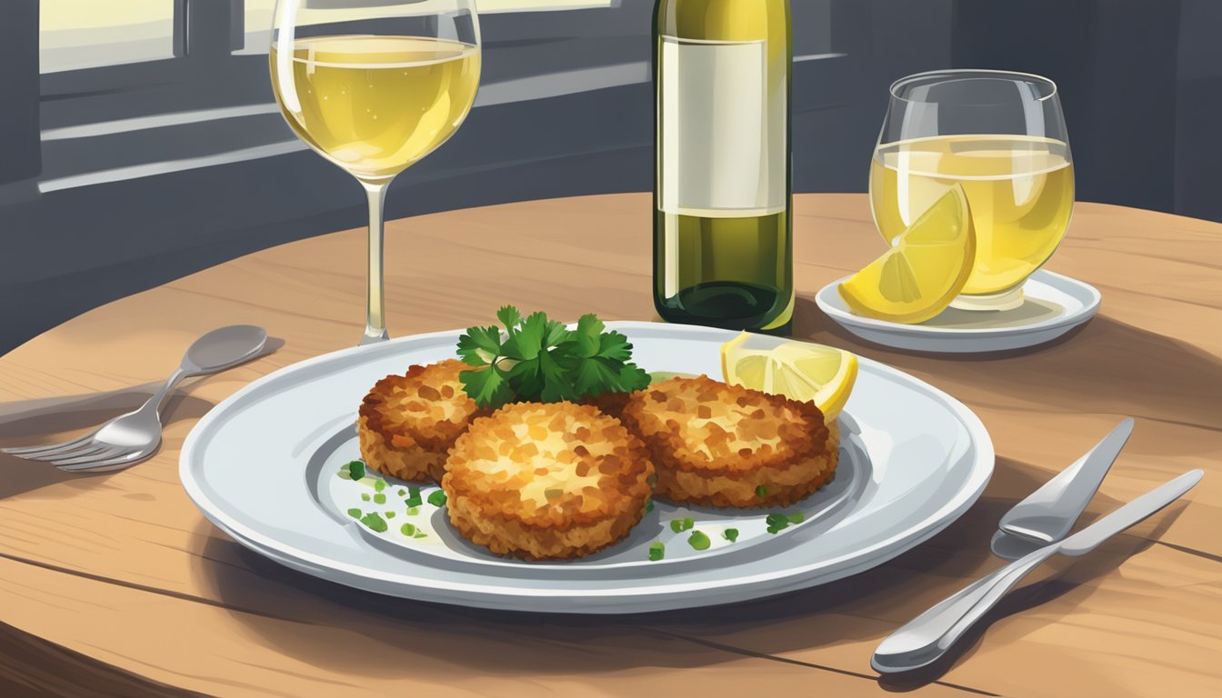 A plate of crab cakes sits next to a glass of white wine on a wooden table, with a lemon wedge and parsley garnish