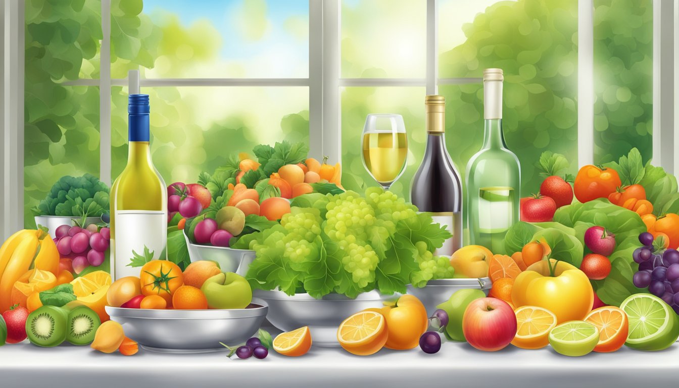 A table set with a vibrant assortment of acidic foods and a bottle of white wine, all surrounded by fresh fruits and vegetables