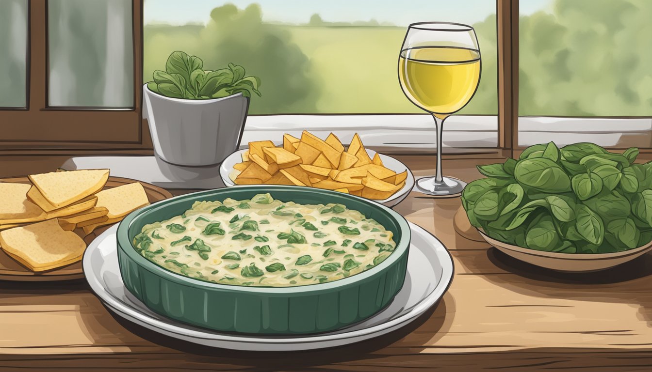 A glass of white wine beside a bowl of spinach and artichoke dip, surrounded by fresh vegetables and a warm, inviting atmosphere