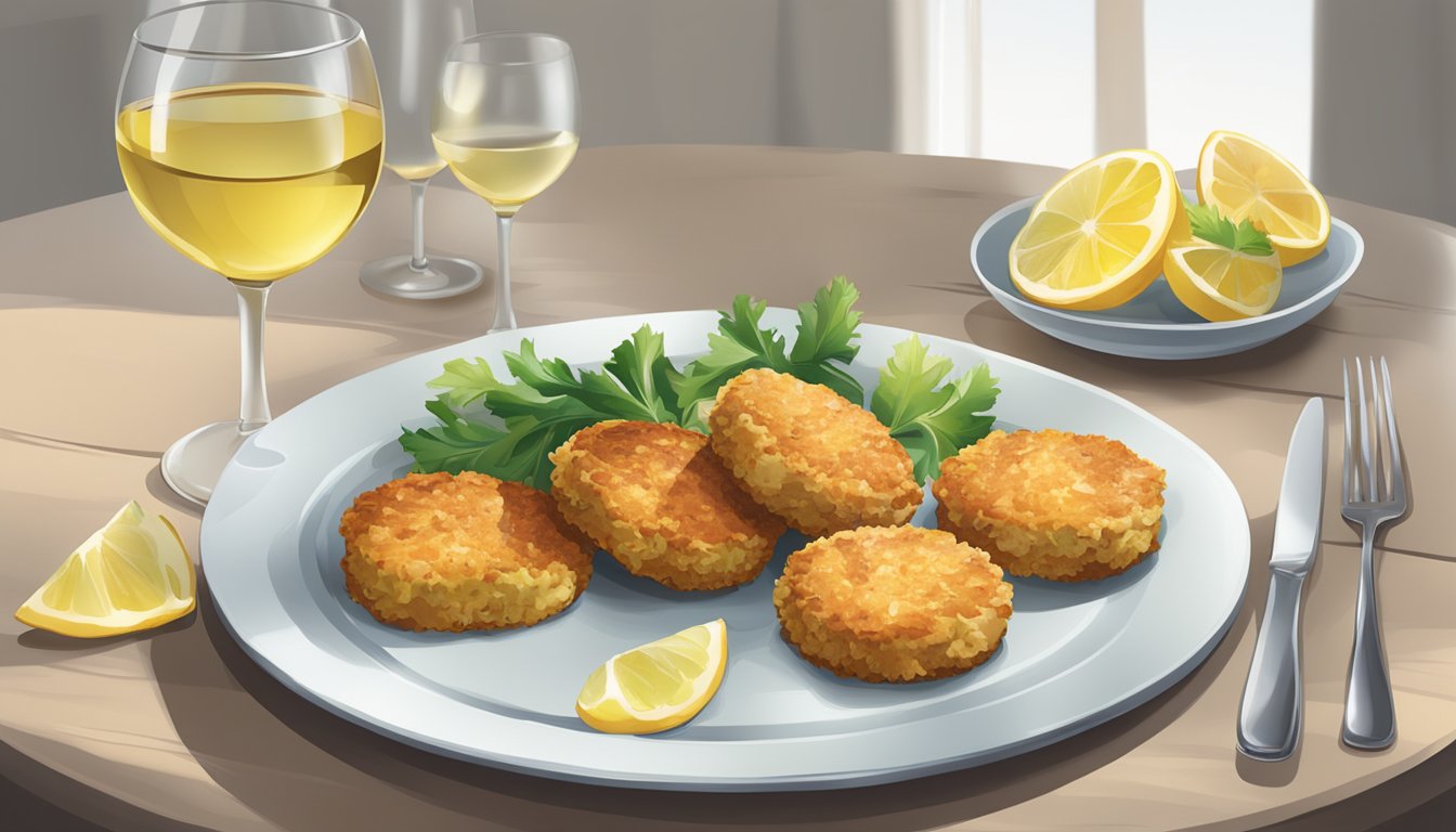 A table set with a plate of crab cakes and a glass of white wine