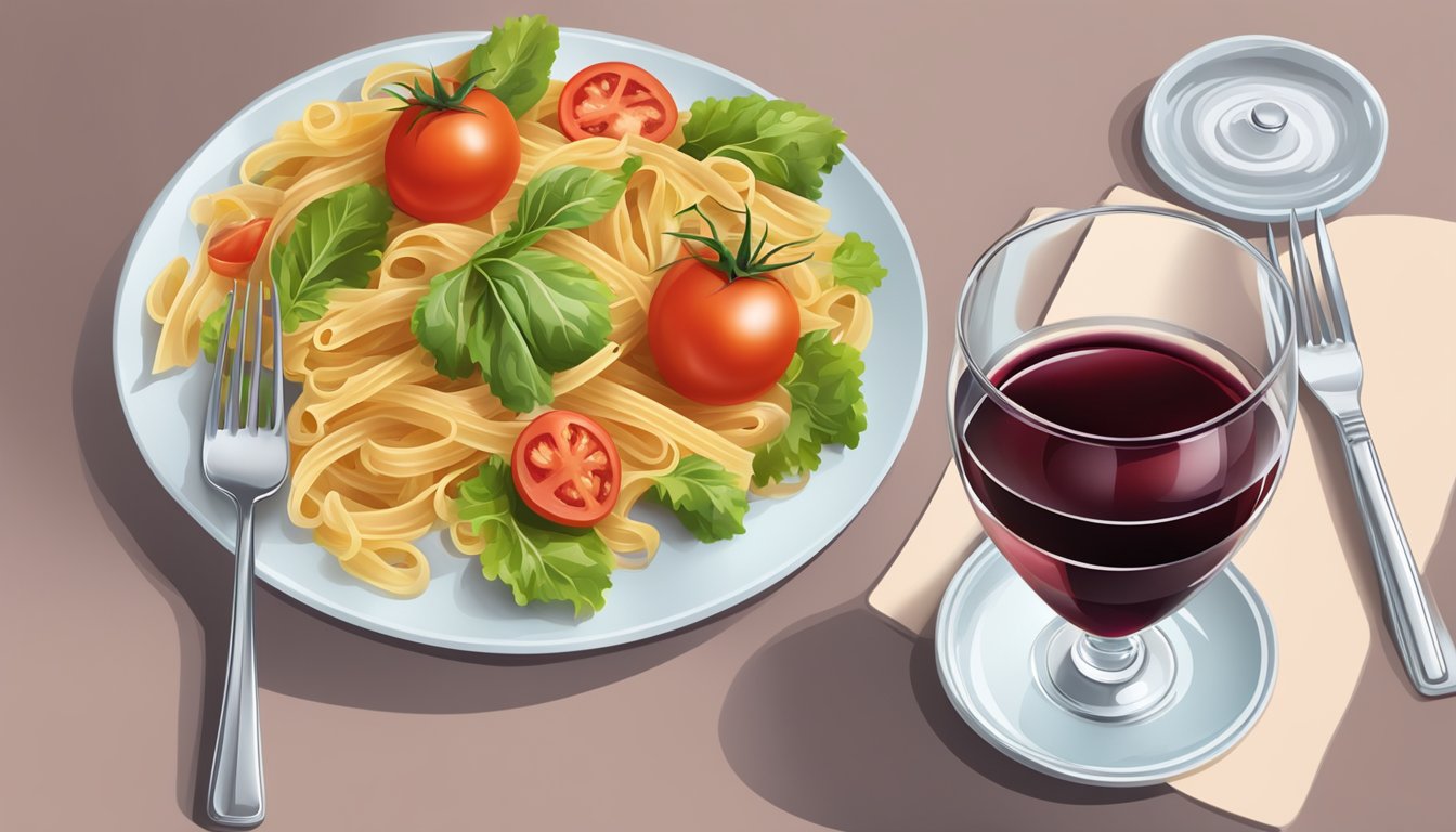 A table set with a glass of red wine next to a plate of acidic food like tomato-based pasta or a salad with vinaigrette dressing