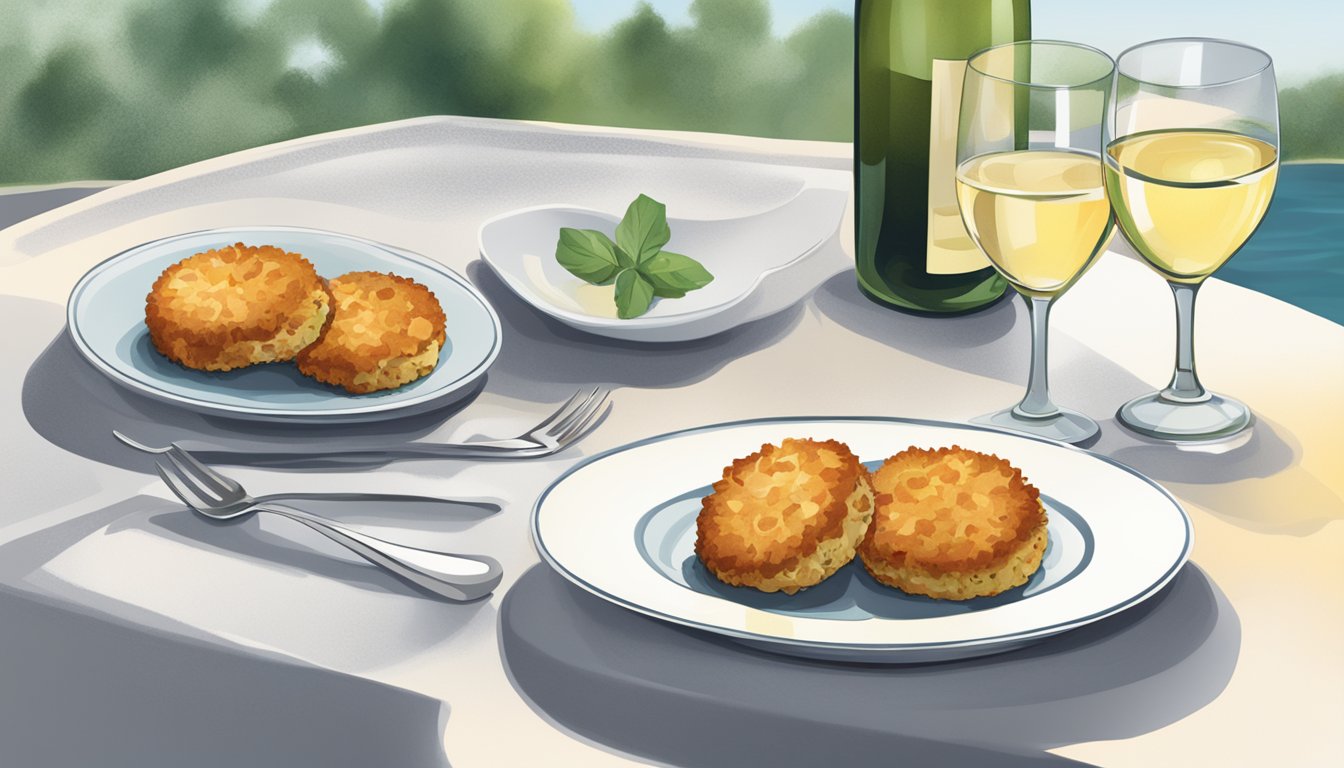 A table set with a plate of crab cakes and a glass of white wine