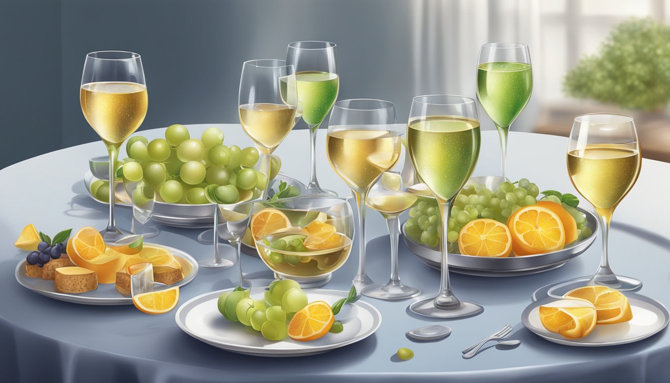 A table set with a variety of acidic dishes alongside glasses of sparkling and sweet wines