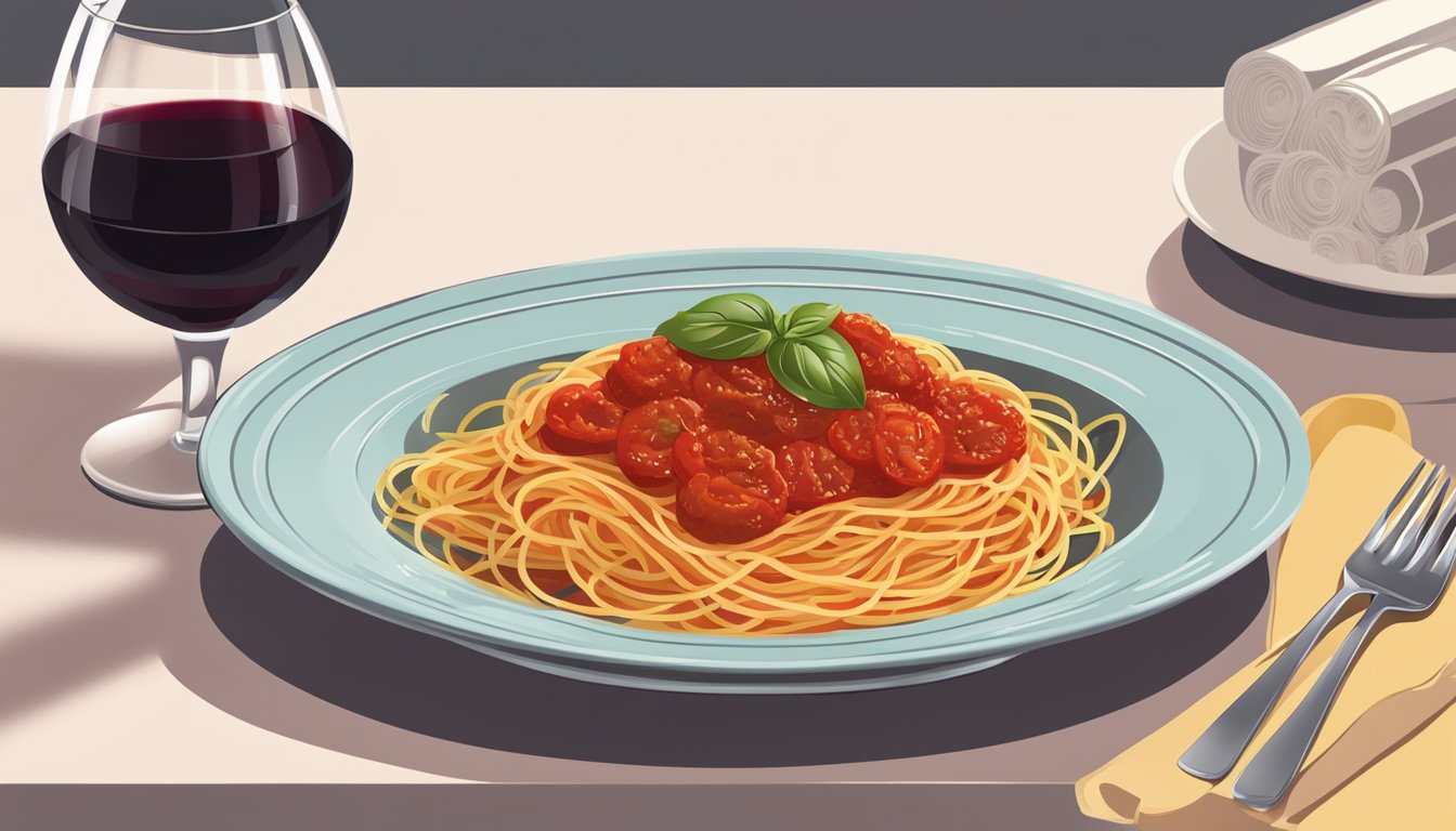 A plate of spaghetti with tomato sauce next to a glass of red wine