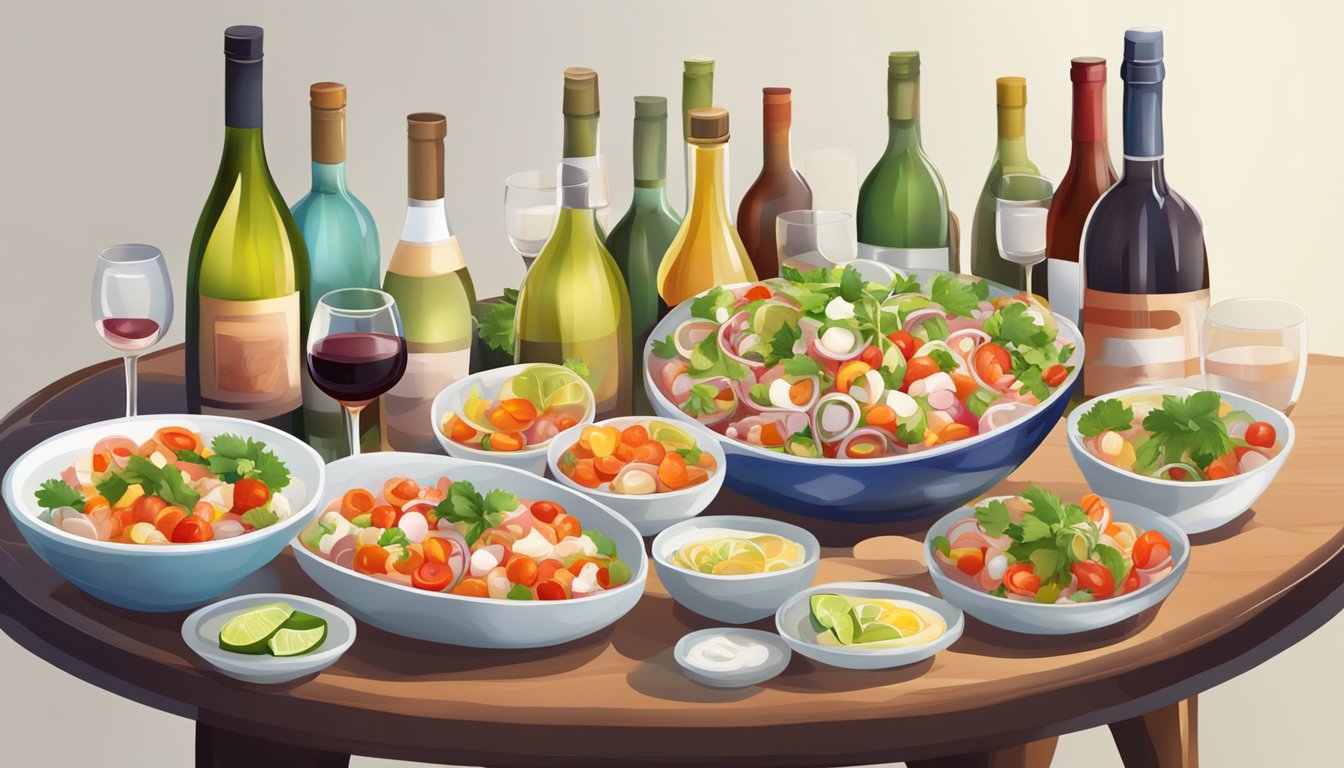 A table set with a variety of acidic dishes, such as ceviche and tomato salad, alongside different wine bottles and glasses