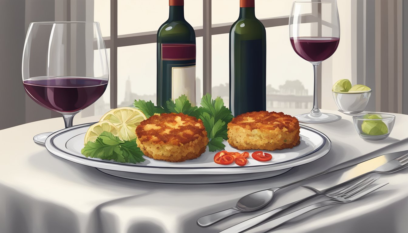 A table set with crab cakes and a bottle of red wine