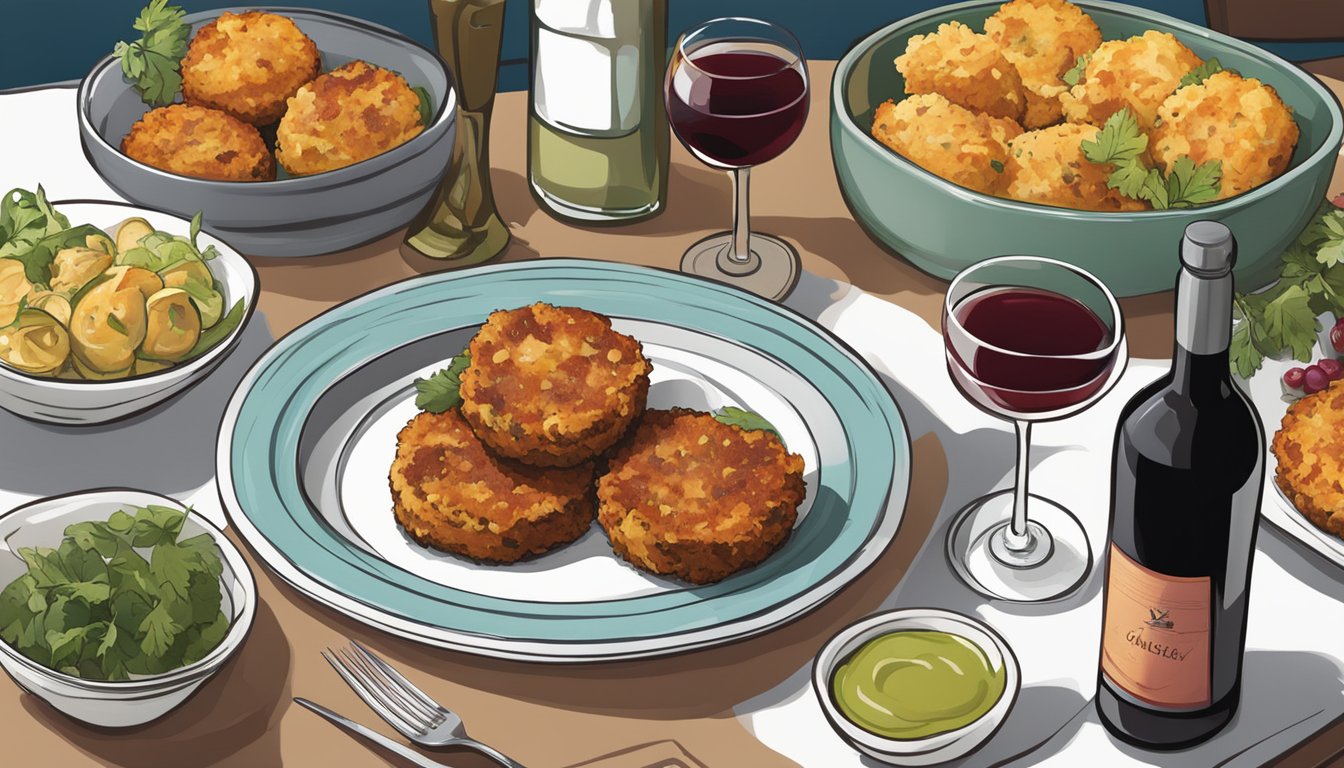 A table set with crab cakes, various sauces, and sides, accompanied by a bottle of wine