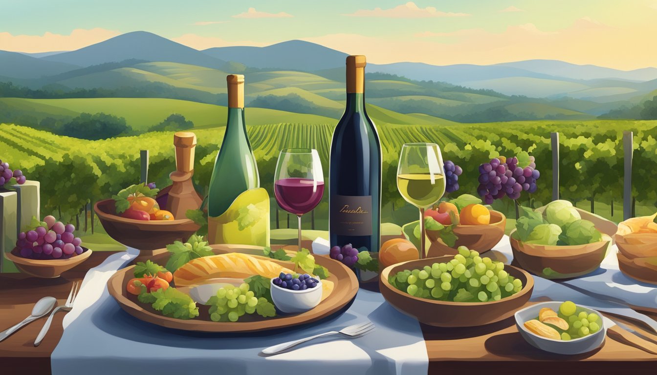 A table set with a variety of acidic dishes and regional wine bottles, surrounded by lush vineyards and rolling hills