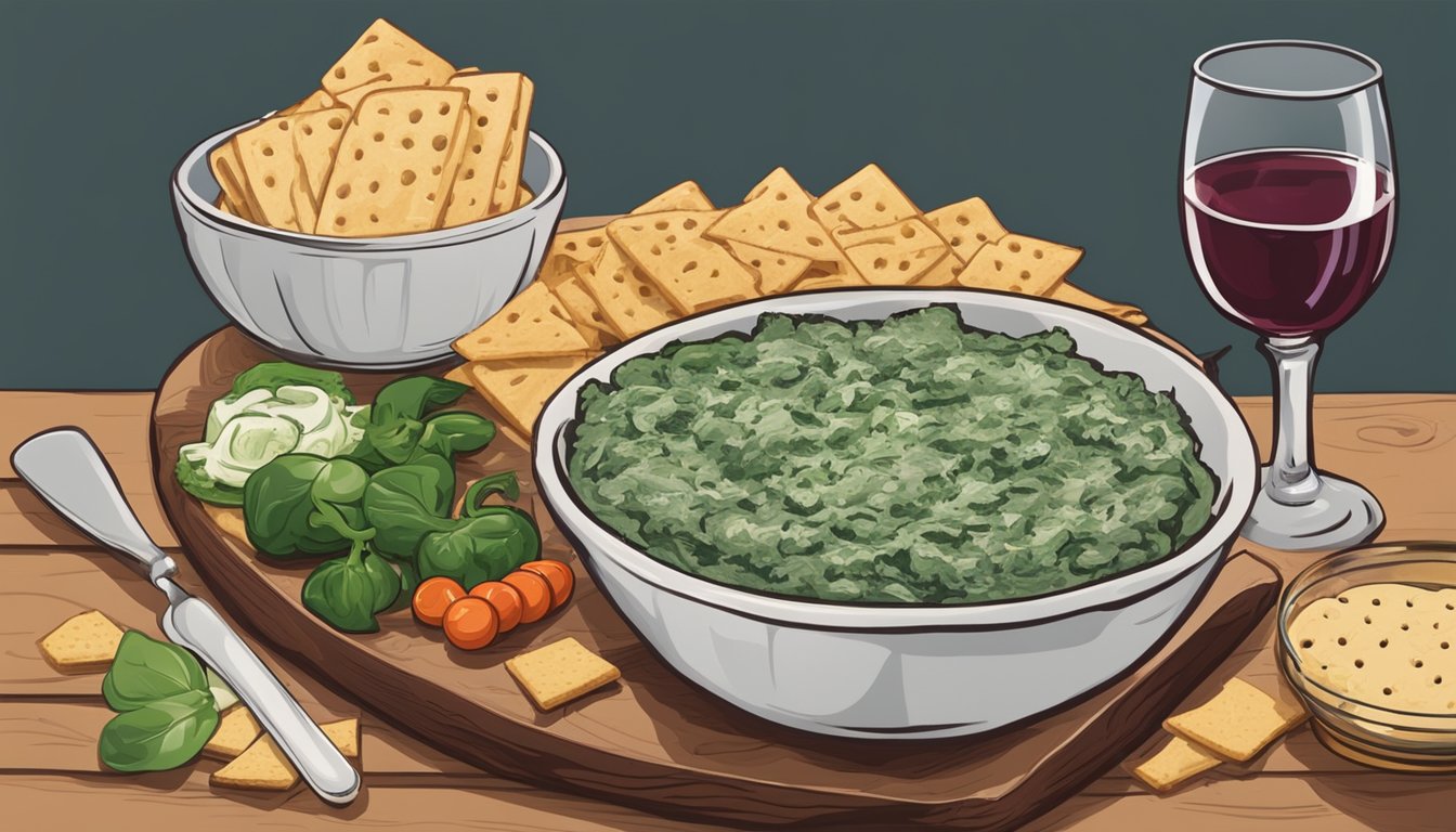 A glass of red wine next to a bowl of spinach and artichoke dip surrounded by crackers and vegetables on a wooden platter