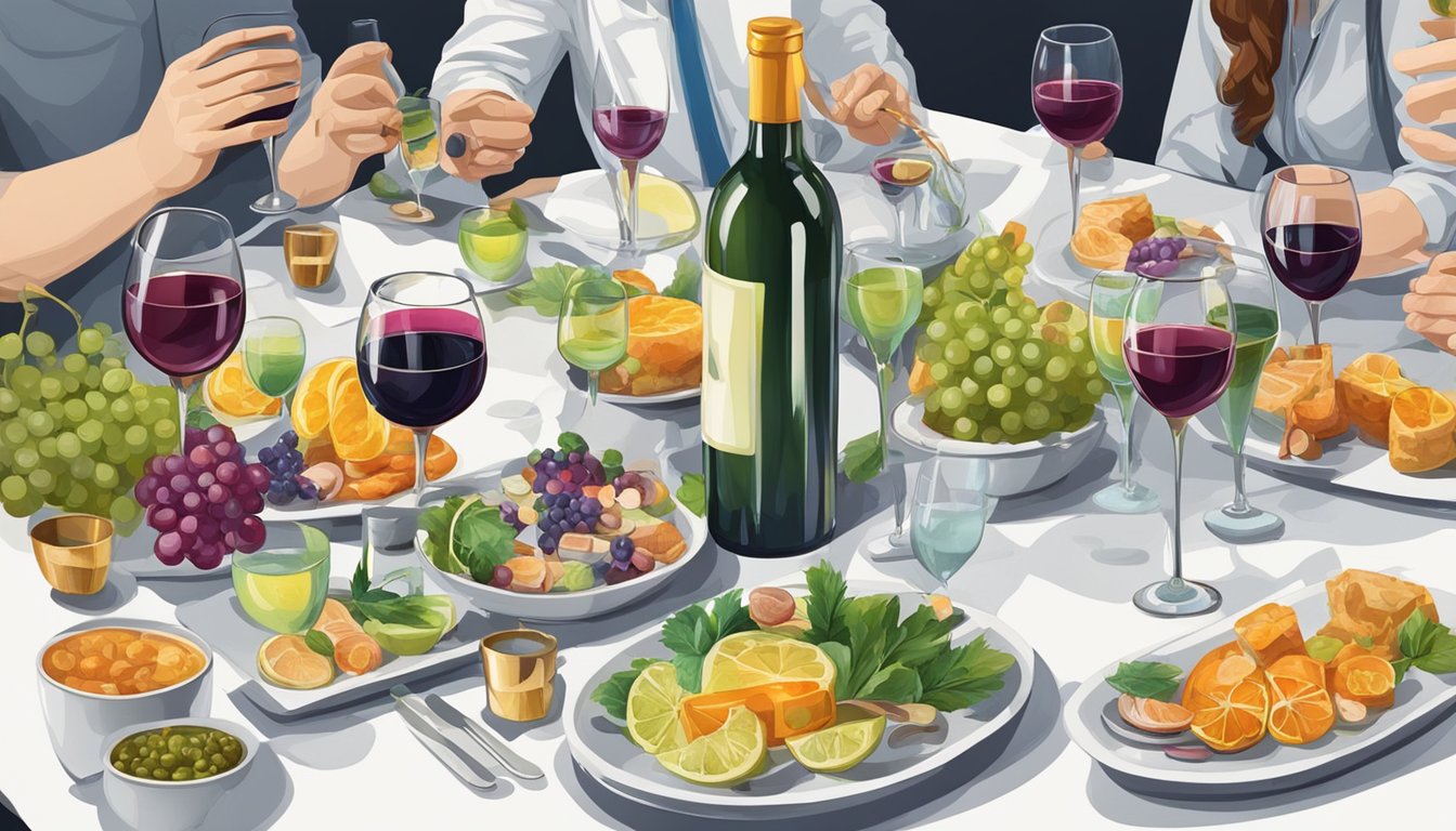 A table set with various acidic dishes and corresponding wine bottles, surrounded by eager tasters with glasses in hand