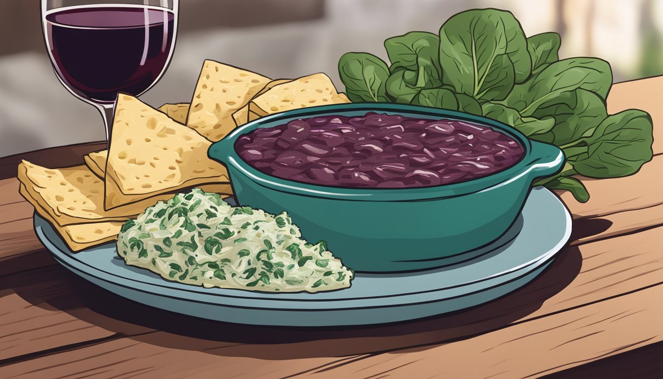 A glass of red wine next to a bowl of spinach and artichoke dip on a wooden table